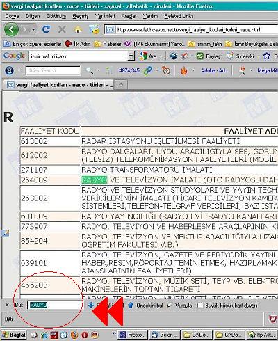 Nace kodları excel