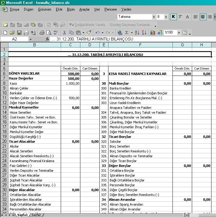 formullu ve ayrintili bilanco
