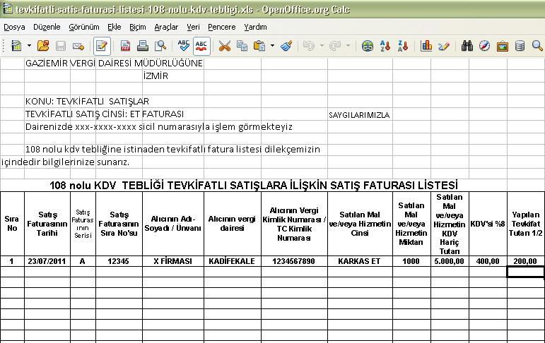 tevkifatl sat faturalar listesi 108 nolu kdv genel teblii